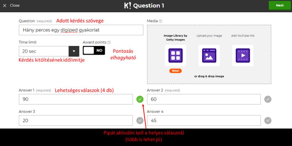 2. Kérdés megadása Minden kérdést magával a kérdés szövegével kezdjük. Megadhatjuk, hogy hány másodperc áll rendelkezésre a válaszadónak a kitöltésre, illetve, hogy kapjon-e pontot.