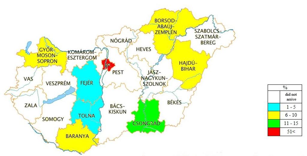 3. ábra: Az Egészségtudományban 2008-2010 között publikált cikkek megyénkénti megoszlása Fig 3: The