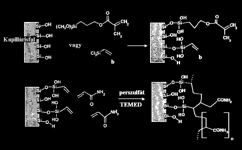 Először prepolimereket adszorbeáltatnak egy megfelelő hordozóra, amelyet ezután in situ kopolimerizáltatnak és keresztkötéseket hoznak létre a bevonatban.