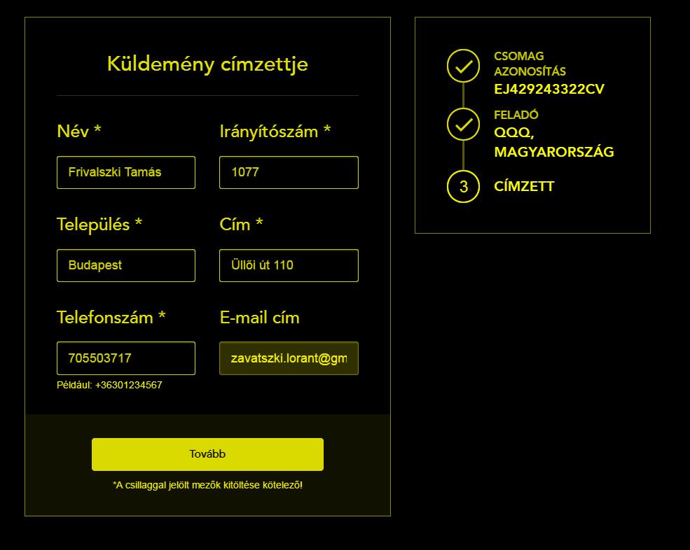 Megjelenés: Küldemény címzettje oldal desktop nézet