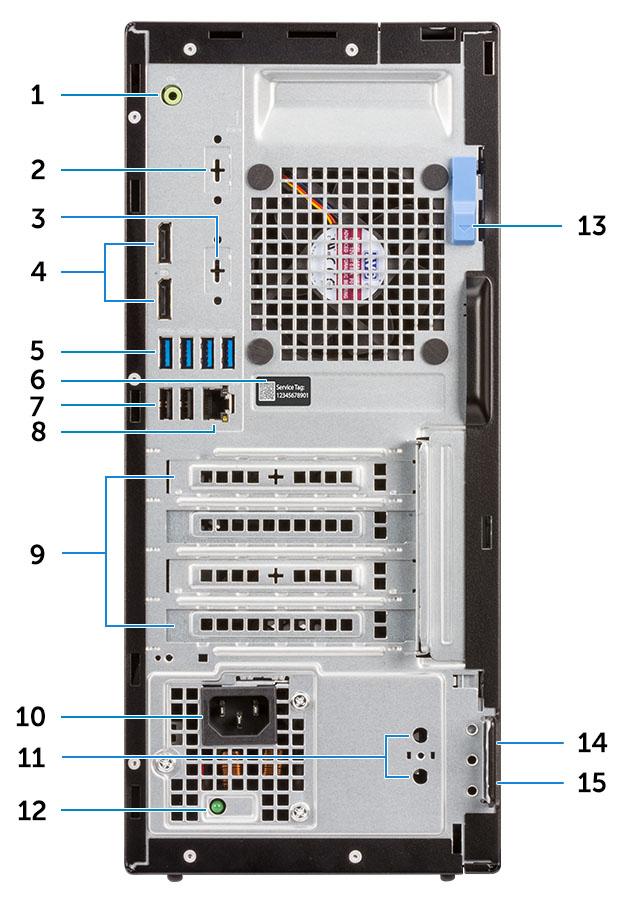 Hátulnézet 1 Vonalkimeneti csatlakozóaljzat 2 Soros port (opcionális) 3 DisplayPort/HDMI 2.0b/VGA/USB Type-C Alt mód (opcionális) 4 DisplayPort-csatlakozók (2) 5 USB 3.
