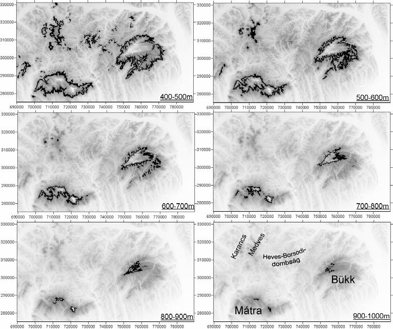 1. ábra: A Bükk és a Mátra valamint a környező területek magassági övei 1 méterenként Fig 1: Vertical zones of the Bükk and Mátra Mts.