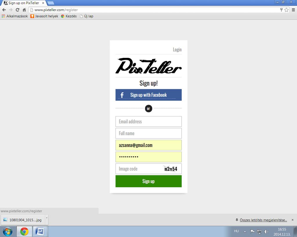 Ez a Pixteller nyitó oldala A regisztráció nagyon egyszerű, csak egy