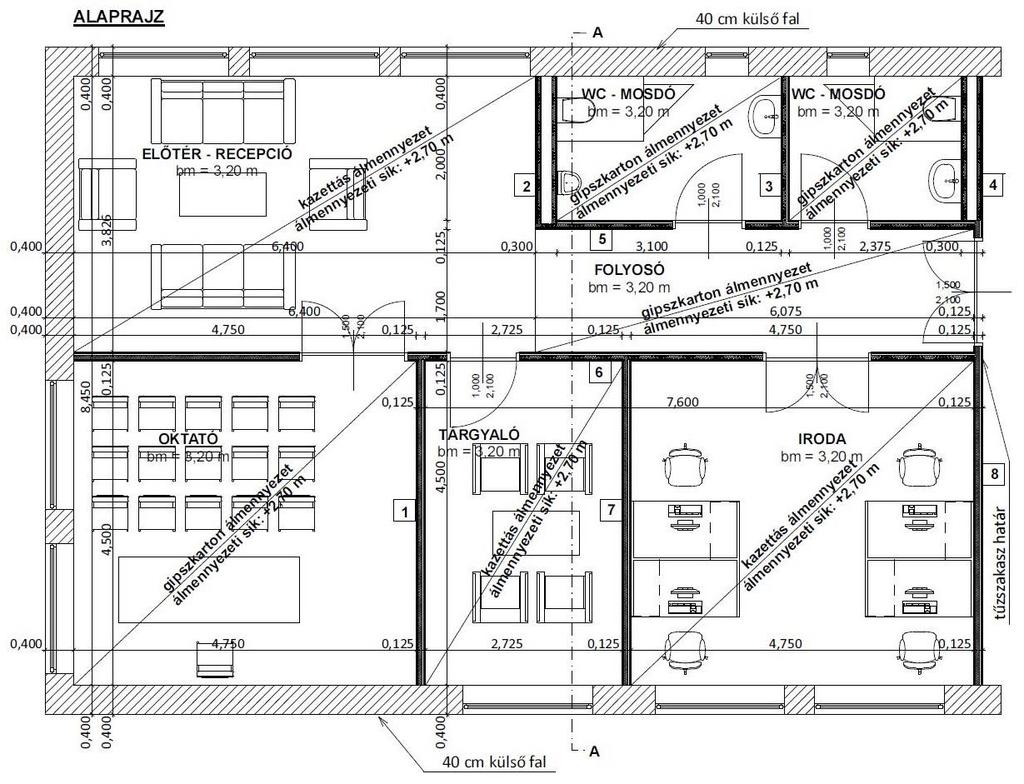 1. feladat Összesen: 37 pont A mellékelt építész alaprajz és A-A metszet egy irodaépület földszintjének egyik tűzszakaszát ábrázolja.