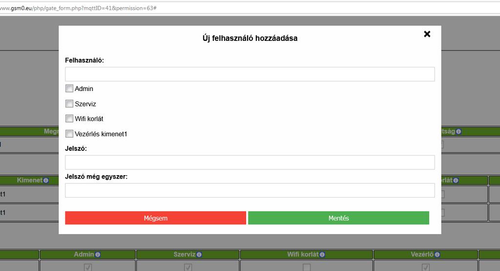 A listában a ikonnal jogosultság módosítása, a ikonnal jelszó módosítása végezhető el. A felhasználó törölhető a ikonnal. A ikon az aktuális felhasználót figyelmezteti, hogy ne törölje saját magát.