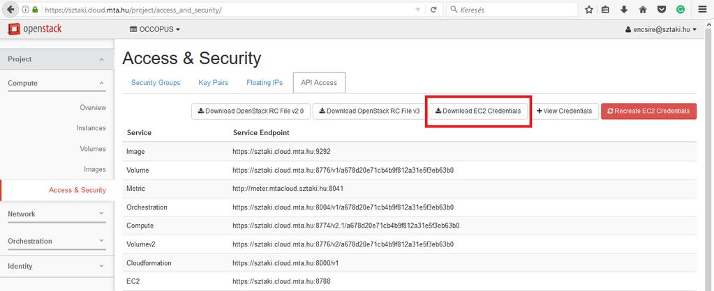 Ezeket az azonosítókat az MTA Cloud felületéről az Access & Security/API Access/Download EC2 Credentials gombra kattintva töltheted le.