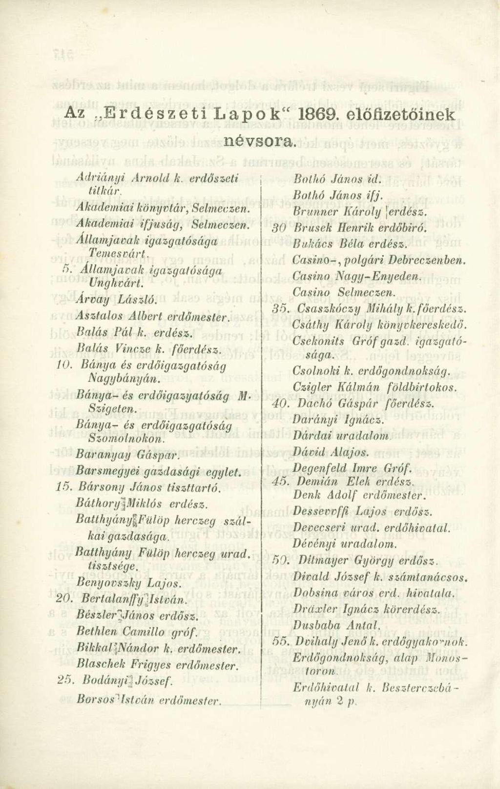 Az..Erdészeti Lapok" 1869. előfizetőinek névsora. Adriányi Arnold k. erdőszeti titkár. Akadémiai könyvtár, Selmeczen. Akadémiai ifjúság, Selmeczen. Államjavak igazgatósága Temesvárt. 5.