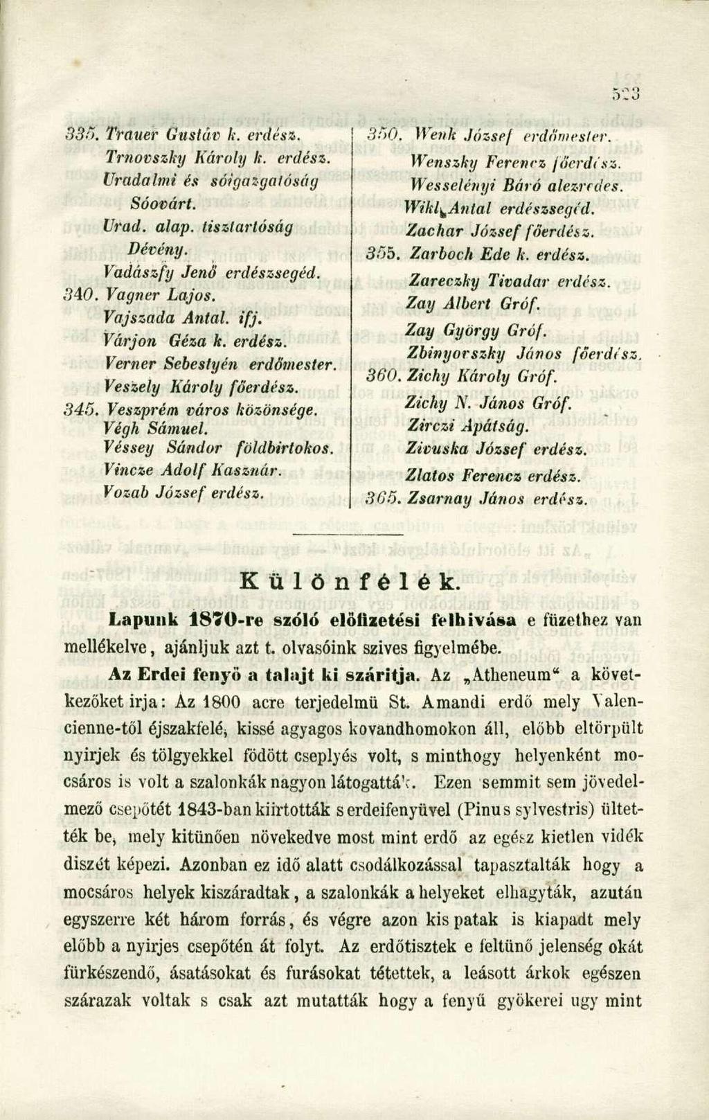 335. Trauer Gustáv k. erdész. Trnovszky Károly k. erdész. Uradalmi és sóigazgalúsáy Sóovárt. Urad. alap. liszlartóság Dévény. Vadászfy Jenő erdészsegéd. 340. Vagner Lajos. Vajszada Antal. ifj.