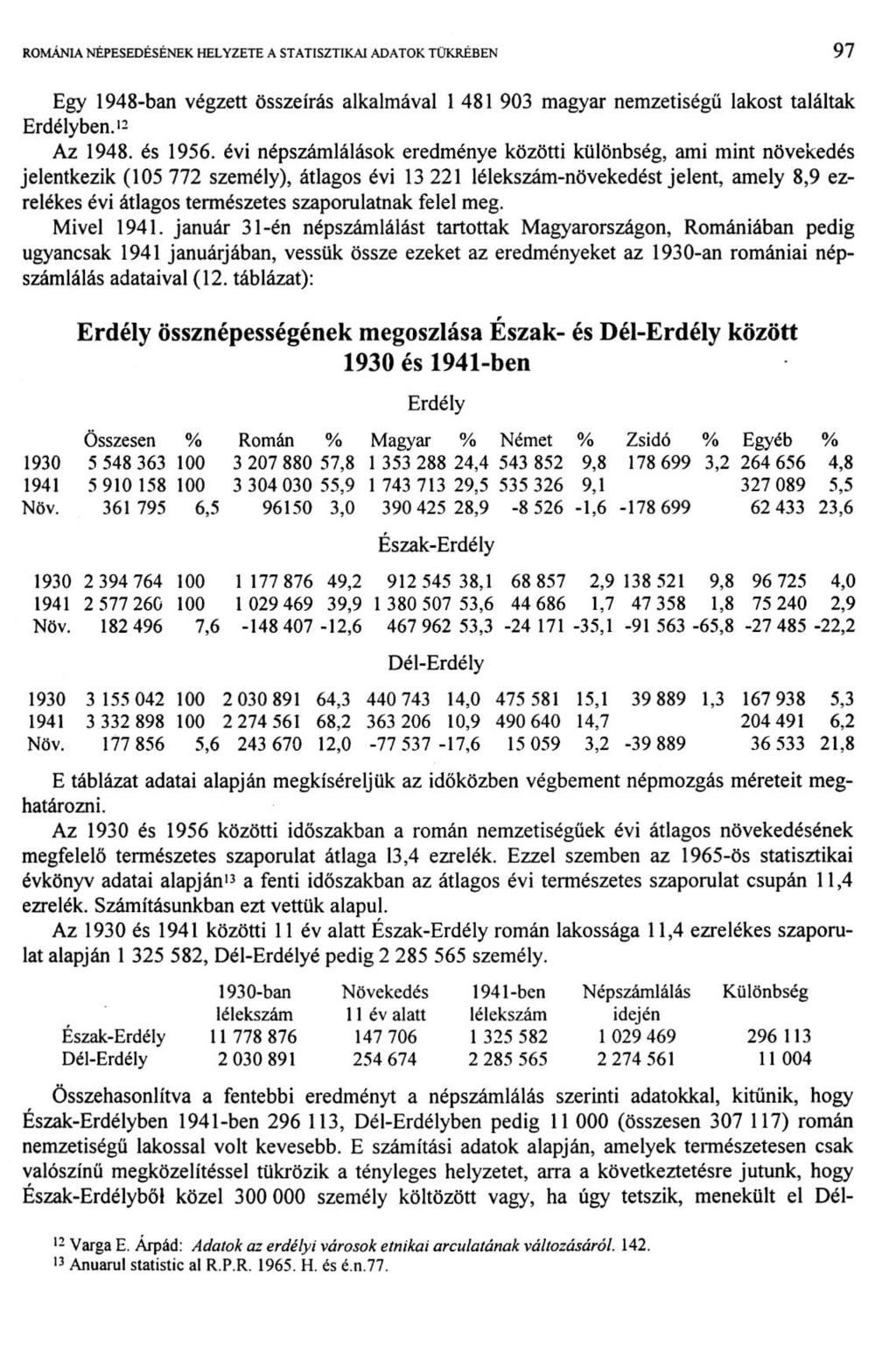 ROMÁNIA NÉPESEDÉSÉNEK HELYZETE A STATISZTIKAI ADATOK TÜKRÉBEN 9 1 Egy 1948-ban végzett összeírás alkalmával 1 481 903 magyar nemzetiségű lakost találtak Erdélyben. 12 Az 1948. és 1956.