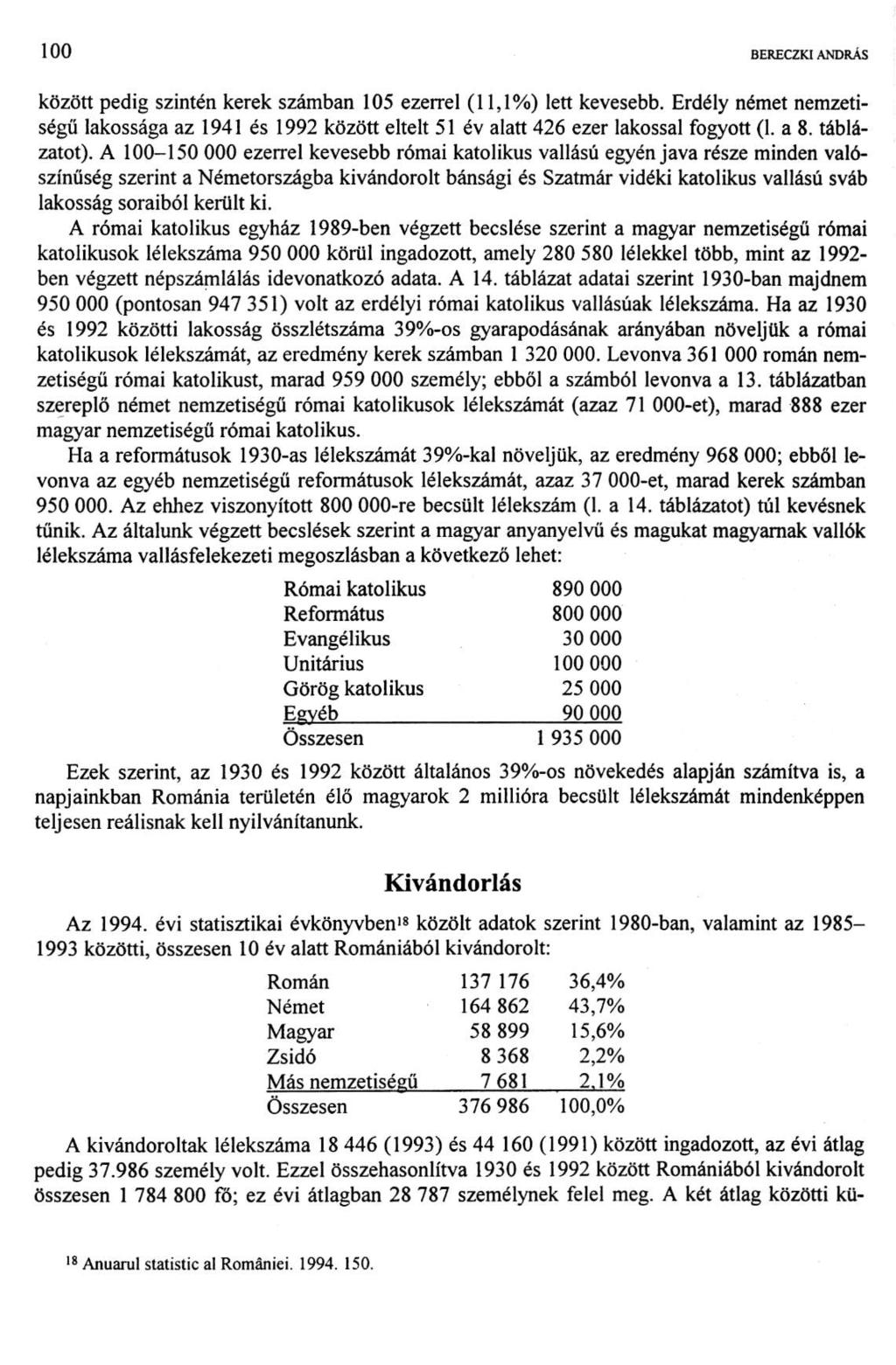 1 00 BERECZKI ANDRÁS között pedig szintén kerek számban 105 ezerrel (11,1%) lett kevesebb. Erdély német nemzetiségű lakossága az 1941 és 1992 között eltelt 51 év alatt 426 ezer lakossal fogyott (1.