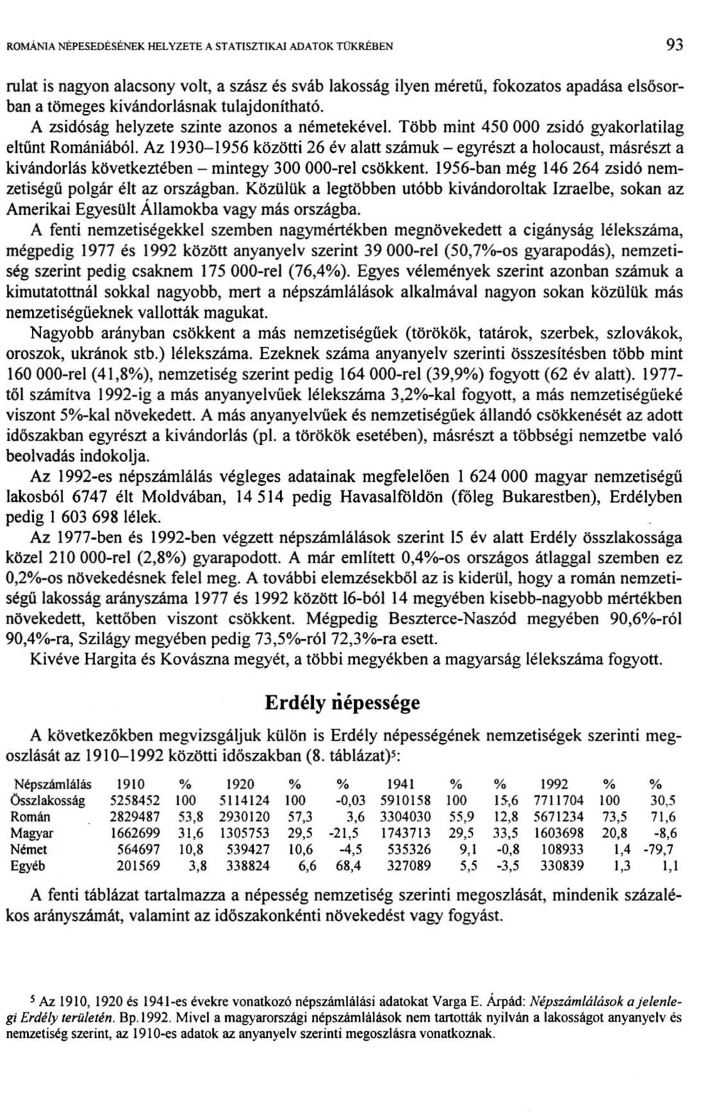 ROMÁNIA NÉPESEDÉSÉNEK HELYZETE A STATISZTIKAI ADATOK TÜKRÉBEN 9 1 rulat is nagyon alacsony volt, a szász és sváb lakosság ilyen méretű, fokozatos apadása elsősorban a tömeges kivándorlásnak