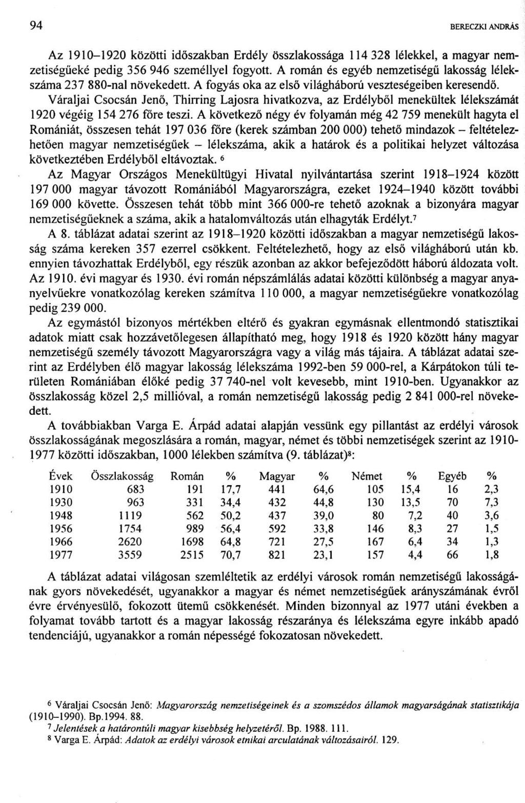 1 00 BERECZKI ANDRÁS Az 1910-1920 közötti időszakban Erdély összlakossága 114 328 lélekkel, a magyar nemzetiségűeké pedig 356 946 személlyel fogyott.
