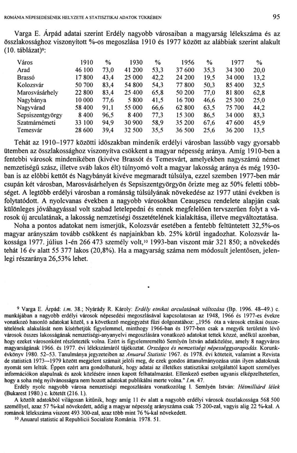 ROMÁNIA NÉPESEDÉSÉNEK HELYZETE A STATISZTIKAI ADATOK TÜKRÉBEN 9 1 Varga E.