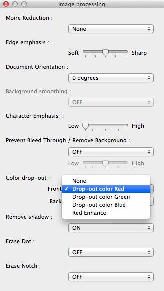 Ha nem kíván színes vonalakat és szöveget beolvasni Az [Image processing] [Képfeldolgozás] lap színkiejtési beállításainál válassza ki a figyelmen kívül hagyandó (kiejtendő) színt (piros, zöld.