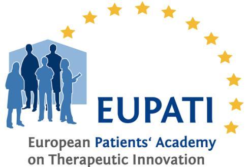 EUPATI Európai Betegakadémia Terápiás Újdonságokról Pán-Európai projekt Köz- és magánszféra társulás, több érdekelt részvételével folyó együttműködési konzorcium: gyógyszeripar, akadémia, nem