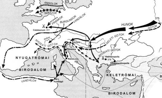 VI. Germán királyságok a Nyugatrómai Birodalom bukását követően / 9 pont 1. A kérdés a Nyugatrómai Birodalom egykori területén létrejövő germán királyságokkal kapcsolatos. A térkép a 4-5.