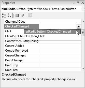 TIP When you share an event handler, rename the method to more clearly reflect its purpose, such as radio- Buttons_CheckedChanged instead of blueradiobutton_checked- Changed.