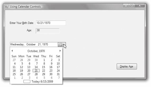 DateTimePicker MonthCalendar The DateTimePicker control contains a Value property for the date. When the control initially displays, the Value is set to the current date.