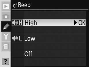 d1 egyéni beállítás: Beep (Hangjelzés) Annak a hangjelzésnek a hangmagasságát határozza meg, amely akkor hallható, amikor az önkioldó visszaszámol, vagy amikor a fényképezőgép egyszeri szervo AF