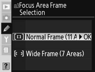 Wide Frame (7 Areas) (Széles mezők (7 mező)) A felhasználó 7 fókuszmező közül választhat, amelyek a képkocka széles területét fedik le, így könnyebb a téma elhelyezése a fókuszmezőben, és kevesebb
