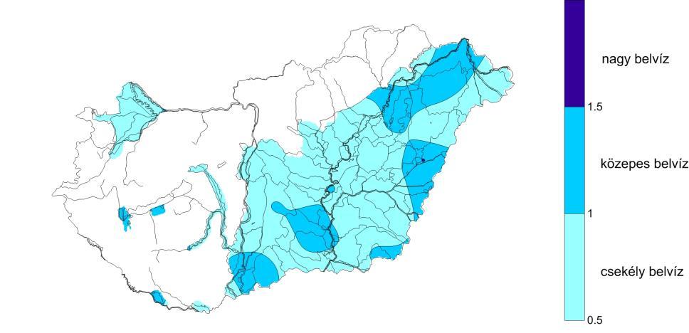 völgyében és az Észak-Tiszántúl területén. Az alábbi ábrákon időjárási forgatókönyvenként szemléltetjük belvízindex 2016/2017 telére várható területi eloszlását.