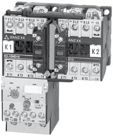 Készülékkombinációk Irányváltó kombinációk Készülékszükséglet: - 2 db azonos teljesítményű kontaktor - 1 db hőrelé - 1 vagy 2 db H jelű