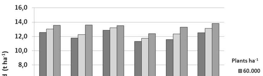 a Kamaria és a P9486 hibrid, amelyek 11 t/ha feletti termést produkáltak kontroll kezelésnél 80 ezer tő/ha-nál (2. ábra).