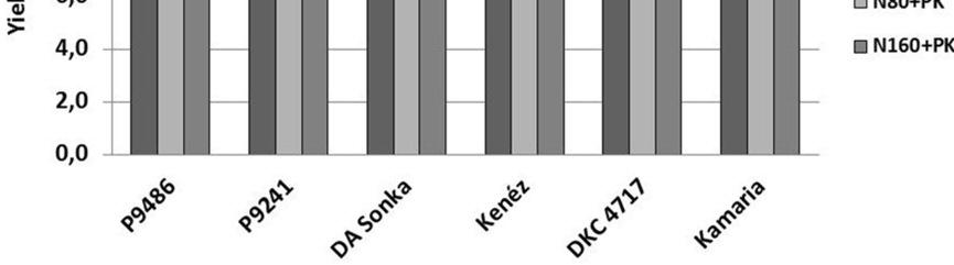 Az idei év termésmaximumát a Kamaria hib rid adta, N 160 +PK kezelésnél 80 ezer tő/ha tőszámsűrítésen 13,81 t/ha-t.