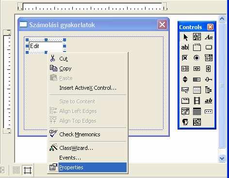 Jellemz k (properties) beálítása A kiválasztott szövegdoboz felett jobb