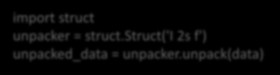 unpacker = struct.struct('i 2s f') unpacked_data = unpacker.