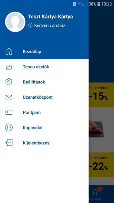 4.1 Kezdőlap Az alkalmazás kezdőoldalán a bejelentkezést követően az alábbi információk érhetőek el: A bejelentkezett felhasználó neve Aktuálisan gyűjtött pontok egyenlege Clubcard áras termékek A
