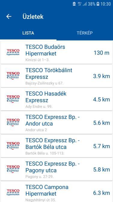 A Tesco akciók menüben nyílik lehetőség a közelben lévő áruházak böngészésére is (a funkció használatához engedélyezni kell a GPS-t).