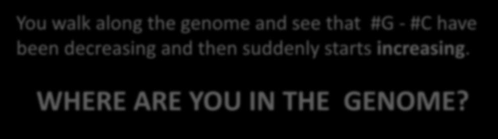 Take a Walk Along the Genome #G - #C is DECREASING #G - #C is INCREASING 5 3 3 oric 5 C high G low You walk along the genome and see that #G - #C have been decreasing and then suddenly starts