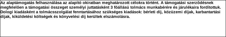 Támogatási program elnevezése: Támogató megnevezése: Térítésmentes jelnyelvi tolmácsszolgáltatás támogatása (alaptámogatás) Fogyatékos Személyek Esélyegyenlőségéért Nonprofit Kft központi