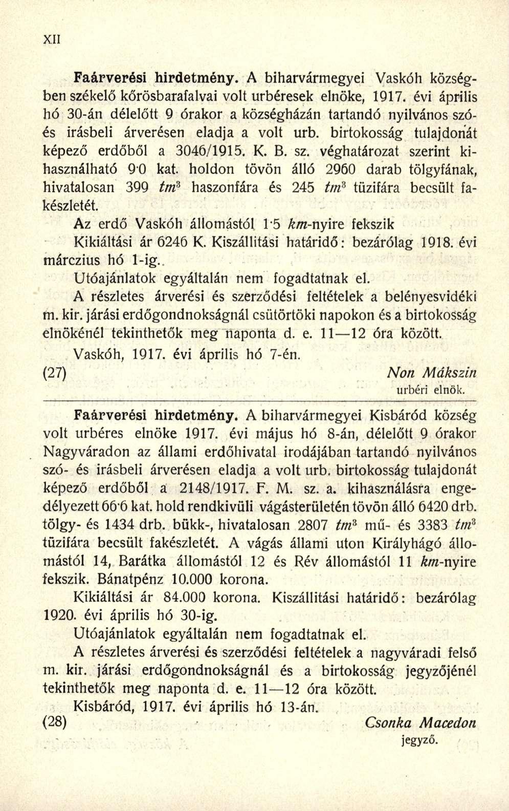 Faárverési hirdetmény. A biharvármegyei Vaskóh községben székelő kőrösbaraíalvai volt úrbéresek elnöke, 1917.