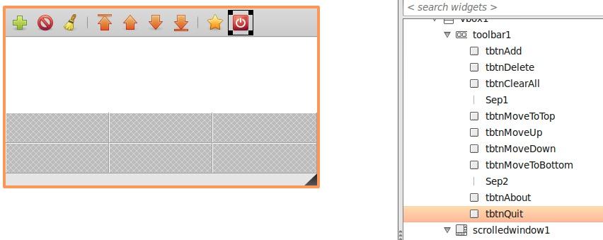 Programozzunk Pythonban A hierarchiában kattintsunk a toolbar1 -re, ezzel kijelölve azt. A Glade Designer felső részén van egy ceruza-szerű dolog. Kattintsunk rá.
