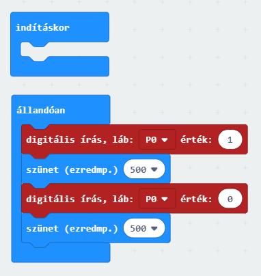 Hozzuk létre az alábbi programot, láthatjuk az emulátoron is a pulzálást,majd töltsük le a micro:bitre, ha helyesen állítottuk össze a kapcsolást, akkor a LED villog.