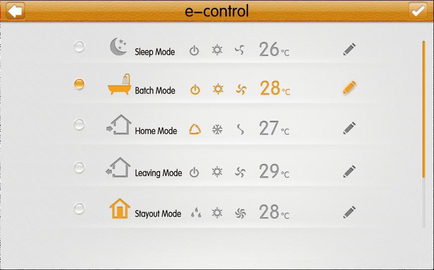 E-CONTROL e-control A főképernyőn elérhető e-control funkcióval gyorsbeállításokat hajthat végre. A funkció 5 előre elnevezett és egy szabadon állítható (DIY) beállítást tartalmaz.