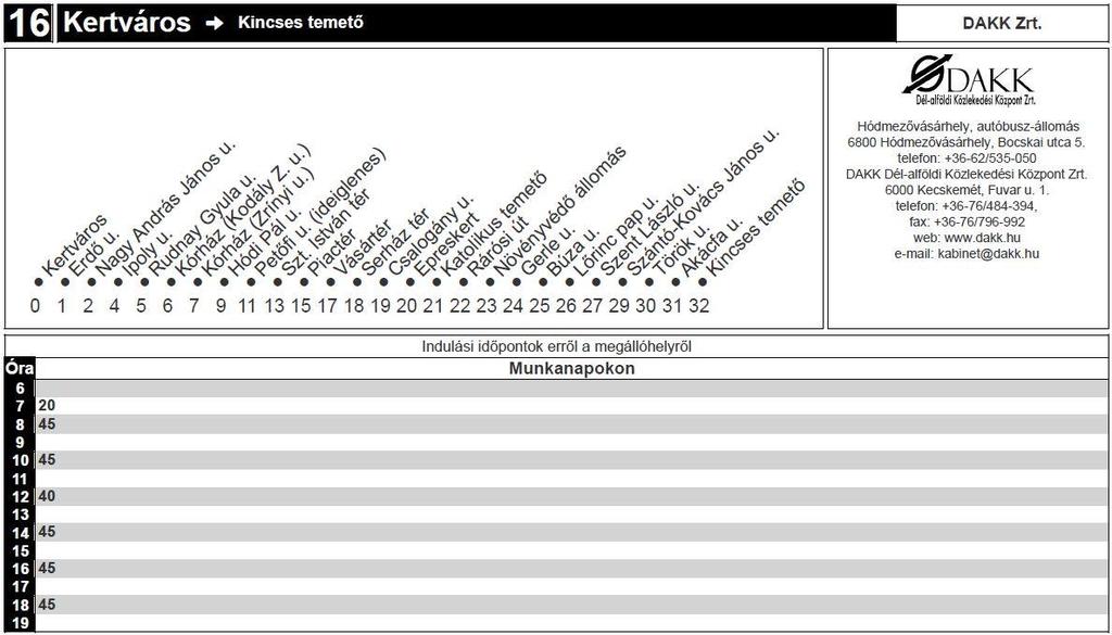 16-os jelzésű autóbuszvonalon: Kincses temető Kertváros (Kishomok) irány: Kincses temető elnevezésű megállóhelyről induló autóbuszjáratok a forgalomkorlátozás időszaka alatt a Szent István tér és