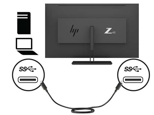 Alt üzemmódhoz: Csatlakoztassa az USB-kábel Type-C végét az USB Type-C porthoz a monitor oldalán, a másik végét pedig a forráseszköz USB Type-C portjához.