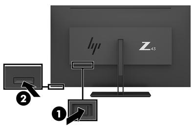 A monitor bekapcsolása 1. Ellenőrizze, hogy a monitor hátoldalán a főkapcsoló (1) bekapcsolt (ON) helyzetben van-e. 2. A monitor bekapcsolásához nyomja meg a rajta lévő tápkapcsoló gombot (2).