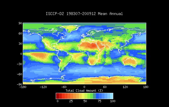 2. ábra: Az ISCCP teljes mérési időszakában regisztrált átlagos felhőmennyiség a Földön Forrás: https://isccp.giss.nasa.gov/products/browsed2.