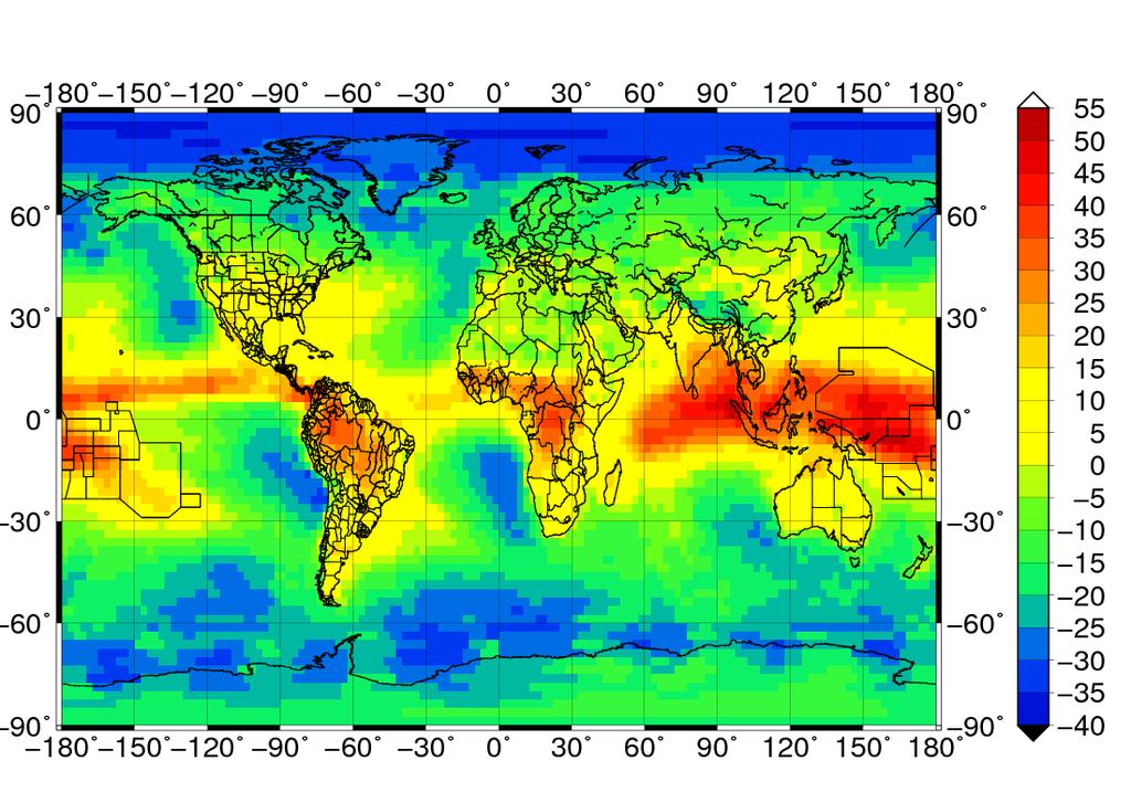 18.ábra: A felhőzetnek a terresztriális sugárzás vertikális divergenciájára (a légkör tetején és a légkör alján mért sugárzási áramsűrűség [W m -2 ] értékek közti különbség) gyakorolt átlagos évi