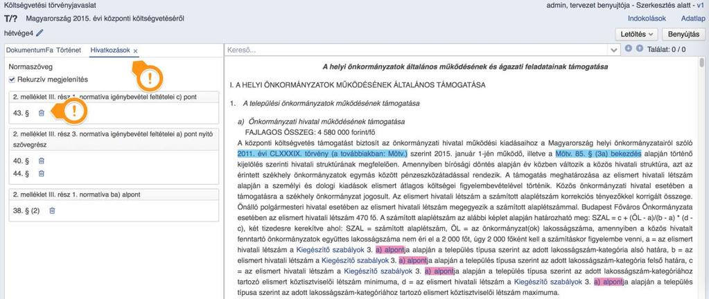 A hivatkozások megjelenítése a bal oldali sávban történik szerkezeti egységenként külön keretben.