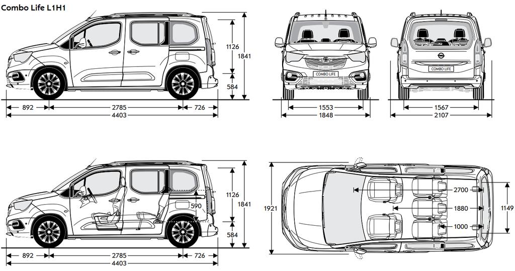 Műszaki adatok 3 Karosszéria Life úly és rakomány Magasság (mm) 1841 aját tömeg vezetővel Hosszúság (mm) 443 Jármű bruttó tömege Tengelytáv (mm) 2785 Üzemanyagtartály (l) zélesség (külső