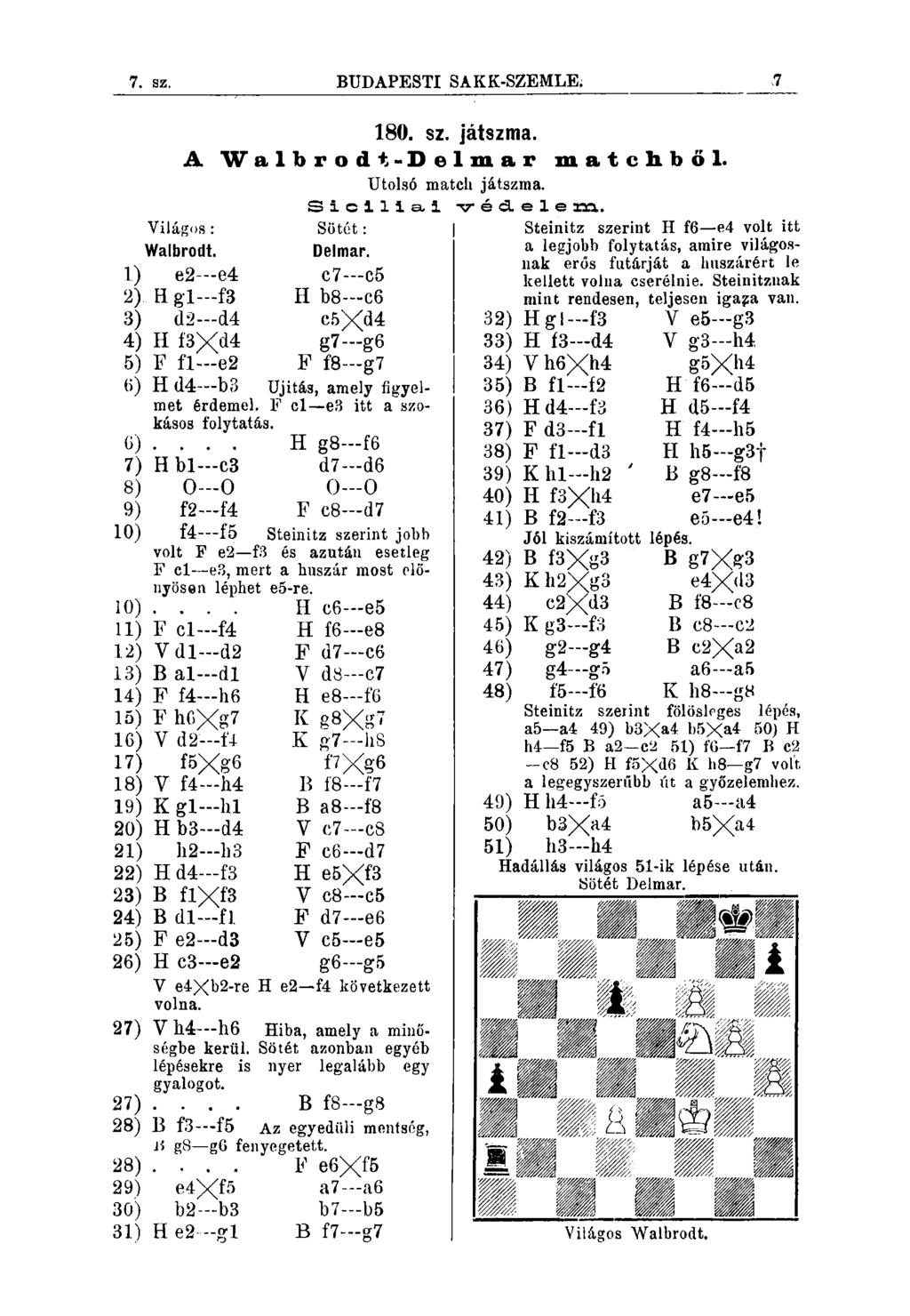 7. sz. BUDAPESTI SAKK-SZEMLE..7 Világos : Walbrodt. 1) e2 e4 2) H gl f3 3) (12 d4 4) H f3xd4 5) F fl~e2 6) H d4 b3 met érdemei 180. sz. játszma.