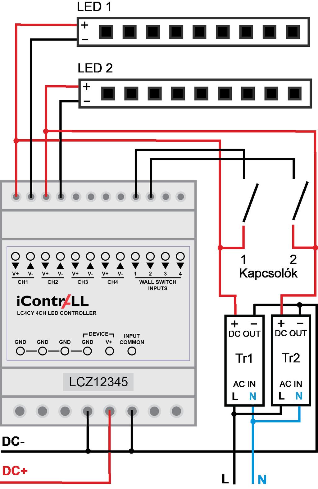 A vezérlő bekötése Ha a DC- (GND) kerül az Input common bemenetre (mint az ábrán), akkor a falikapcsoló megnyomásakor V+ tápfeszültséget vár a vezérlő a falikapcsoló bemenetein.