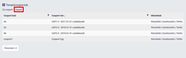 4.3.5 Tenantcsoport export A tenantcsoport listán az Export funkcióra kattintva a