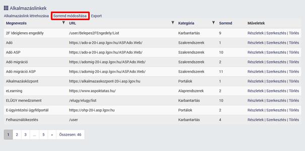 7.1.4 Alkalmazáslink sorrend módosítása 1. Az alkalmazás linkek megjelenítési sorrendjét a Sorrend módosítása funkcióra kattintva lehet megtenni. 2.