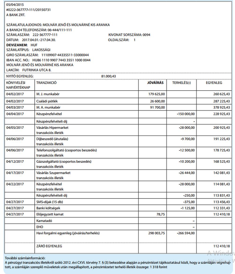 3. Pénzforgalom a bankszámlán (10 pont) Nézzétek át a